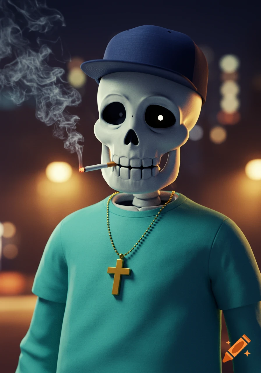 A stylized skeleton character wearing a blue snapback hat, a mint shirt, and a gold cross necklace, smoking a cigarette, against a blurred city background.