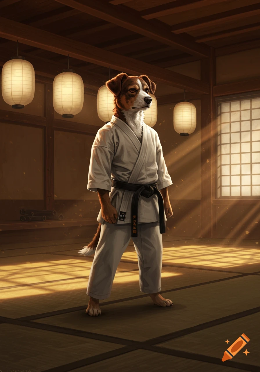 A brown and white dog wearing a white karate gi and a black belt stands in a dojo with paper lanterns and sunbeams.