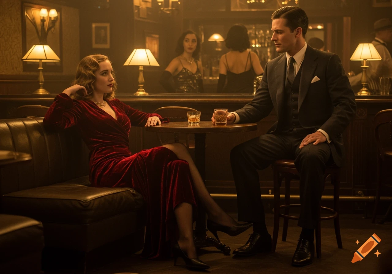 An elegant man and woman in 1940s attire sit at a small table in a dimly lit, warm-toned bar, cinematic style.
