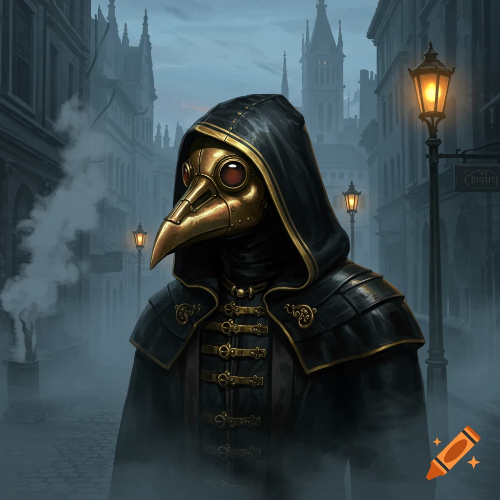 A detailed illustration of a plague doctor in a black and gold cloak and steampunk crow mask, standing in a foggy old city street.