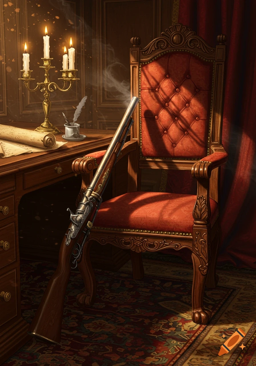 A stylized painting of a blunderbuss leaning against a red velvet armchair, next to a wooden desk with a candelabra and scrolls. Smoke rises from the barrel of the gun.