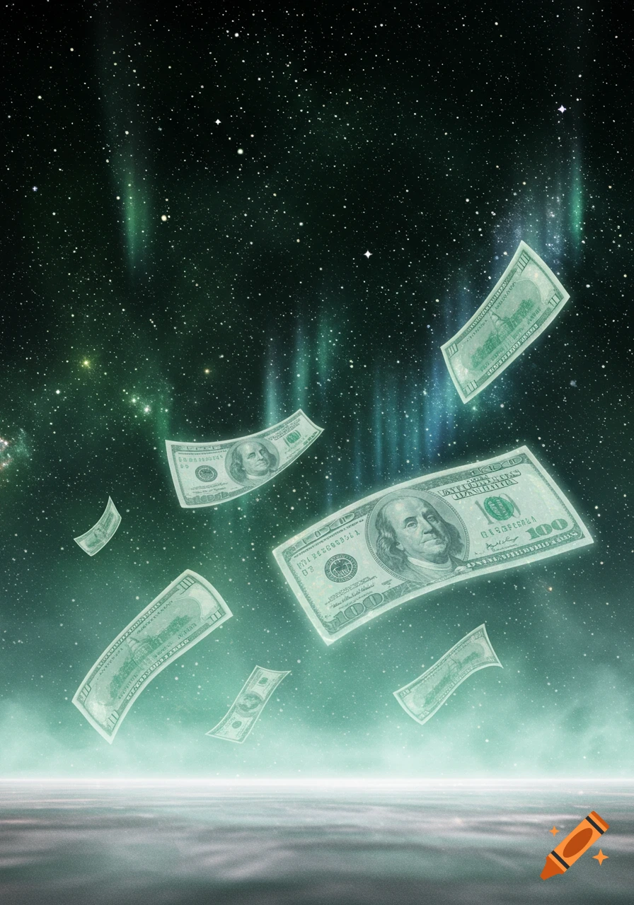 Floating dollar bills with garbled text glow under green aurora borealis in a starry space with a hazy horizon.