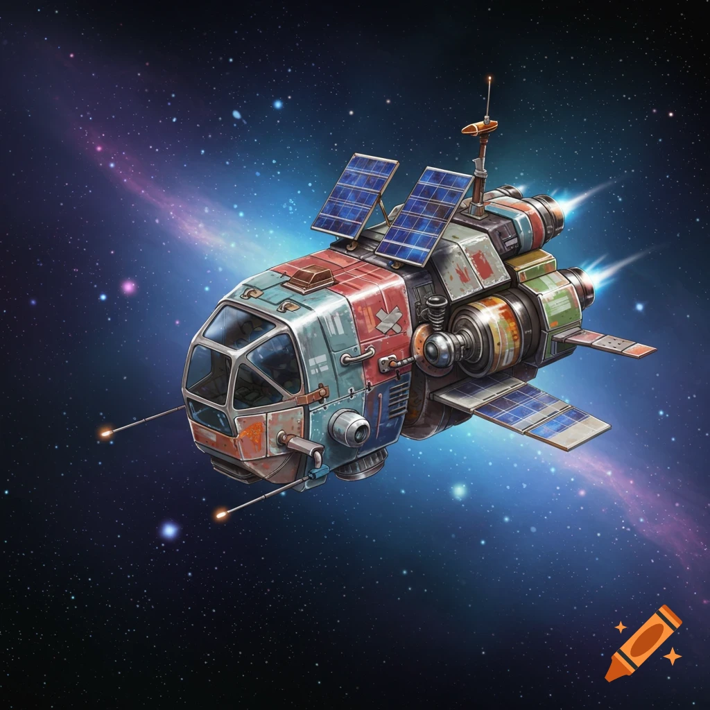 A small, colorful, jerry-rigged science fiction spaceship with solar panels flying through a starry nebula.