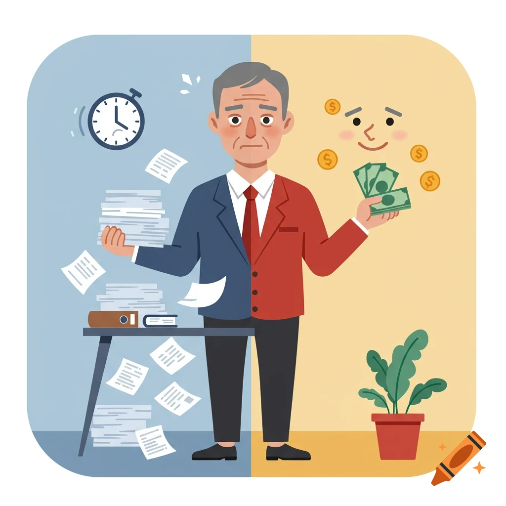 Flat illustration of a man split into two halves: one stressed with paperwork and a clock, the other happy with money and a smiling face.