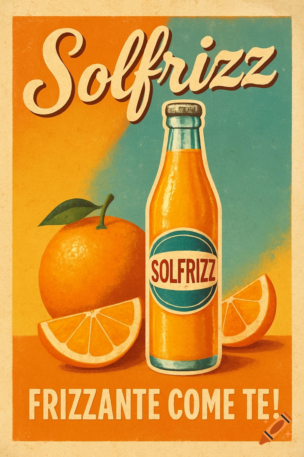 A vintage-style Italian advertising poster for Solfrizz orange soda, featuring a bottle, a whole orange, and orange slices on a textured orange and teal background.