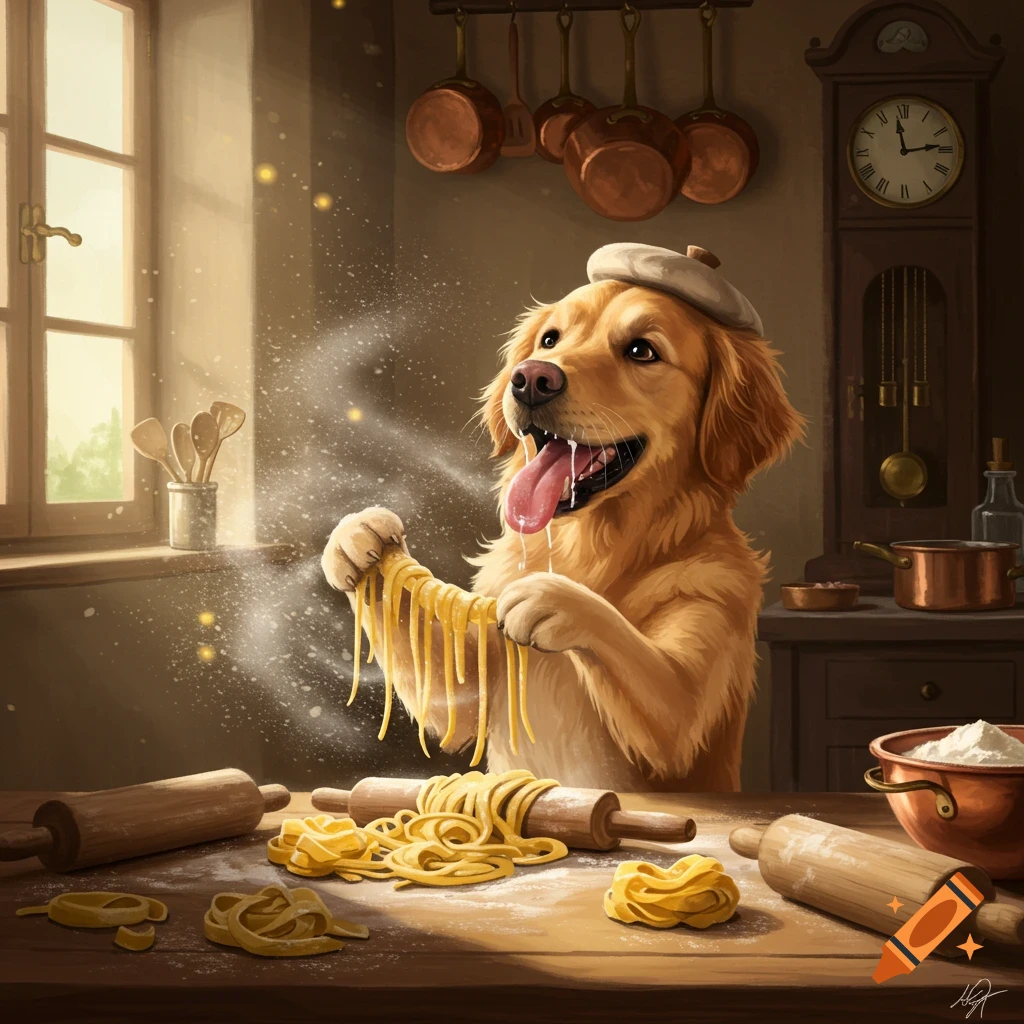 A whimsical digital painting of a golden retriever chef wearing a hat, making pasta in a rustic kitchen, drooling enthusiastically.