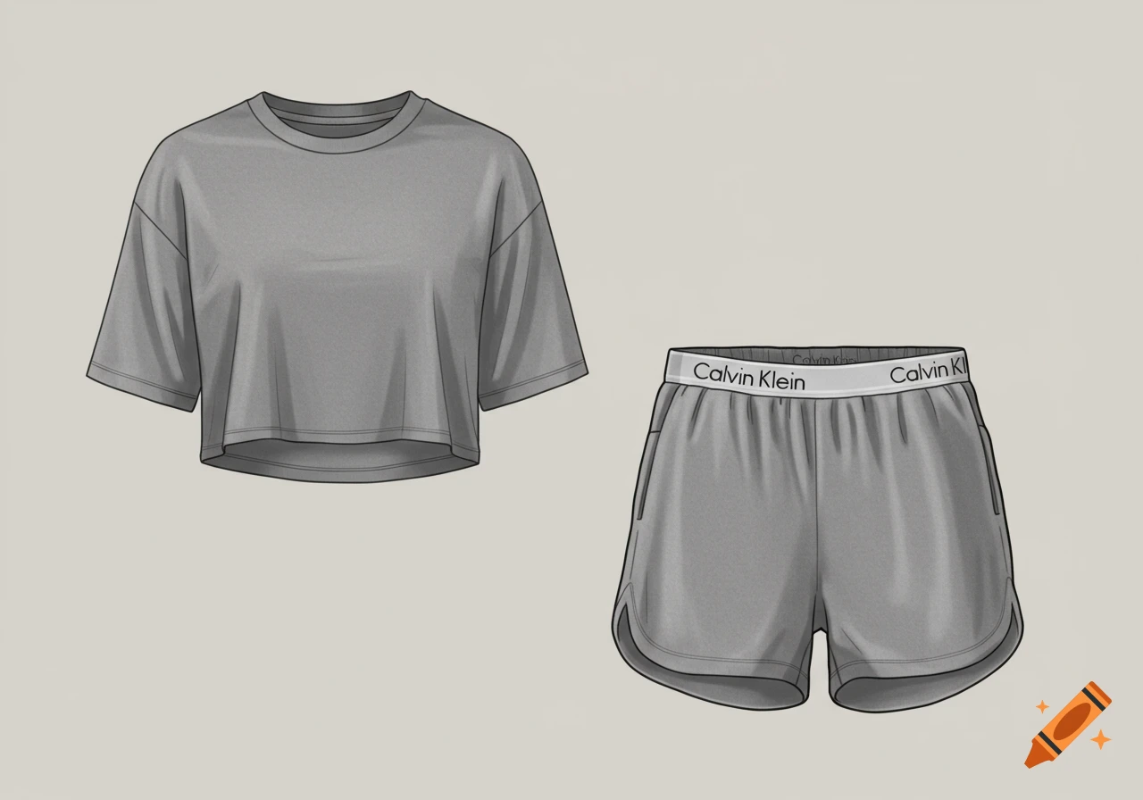 A fashion illustration of a gray cropped t-shirt and gray shorts with a "Calvin Klein" waistband on a light background.
