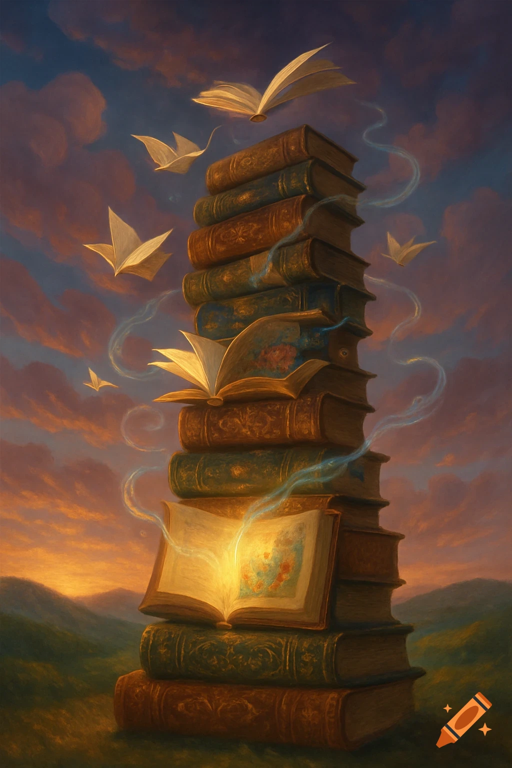 A tall stack of old books, some open and glowing, with paper birds flying around them against a sunset sky.