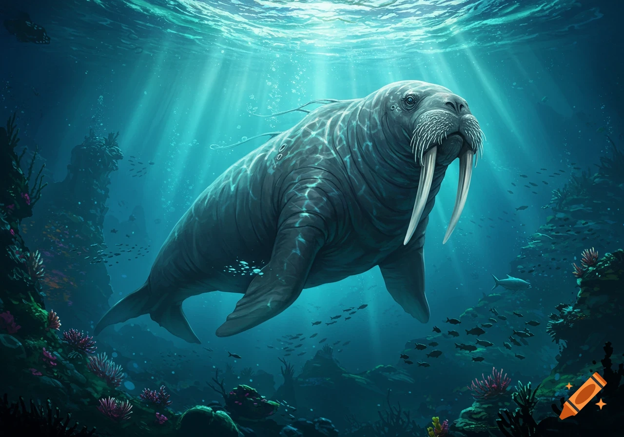 A majestic, glowing walrus with large tusks swims in a deep blue ocean, surrounded by schools of fish and vibrant coral reefs.