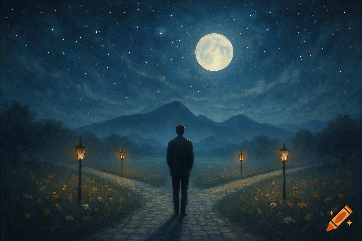 A man stands at a path's fork under a bright full moon and starry sky, with mountains and glowing lampposts in a painterly style.