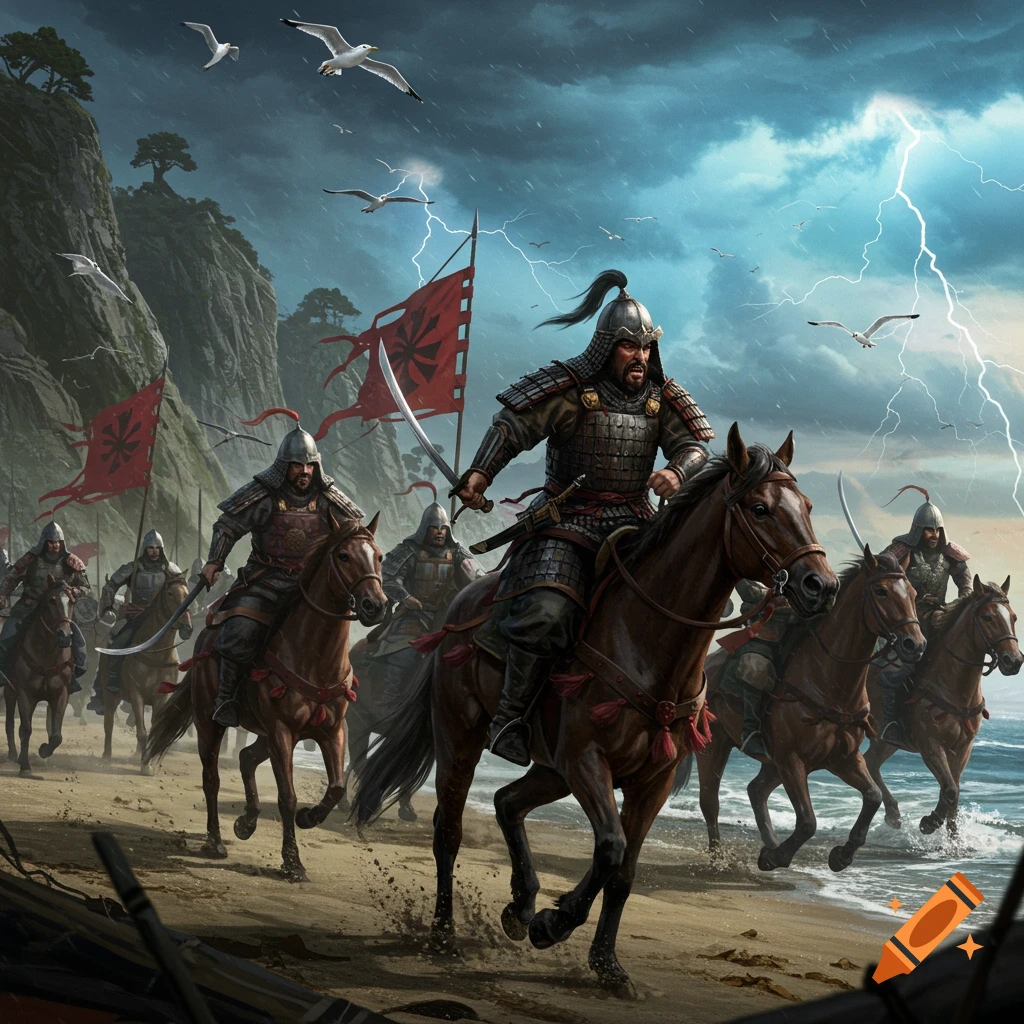 Armored warriors on horseback charge along a stormy beach under lightning, with red flags waving.