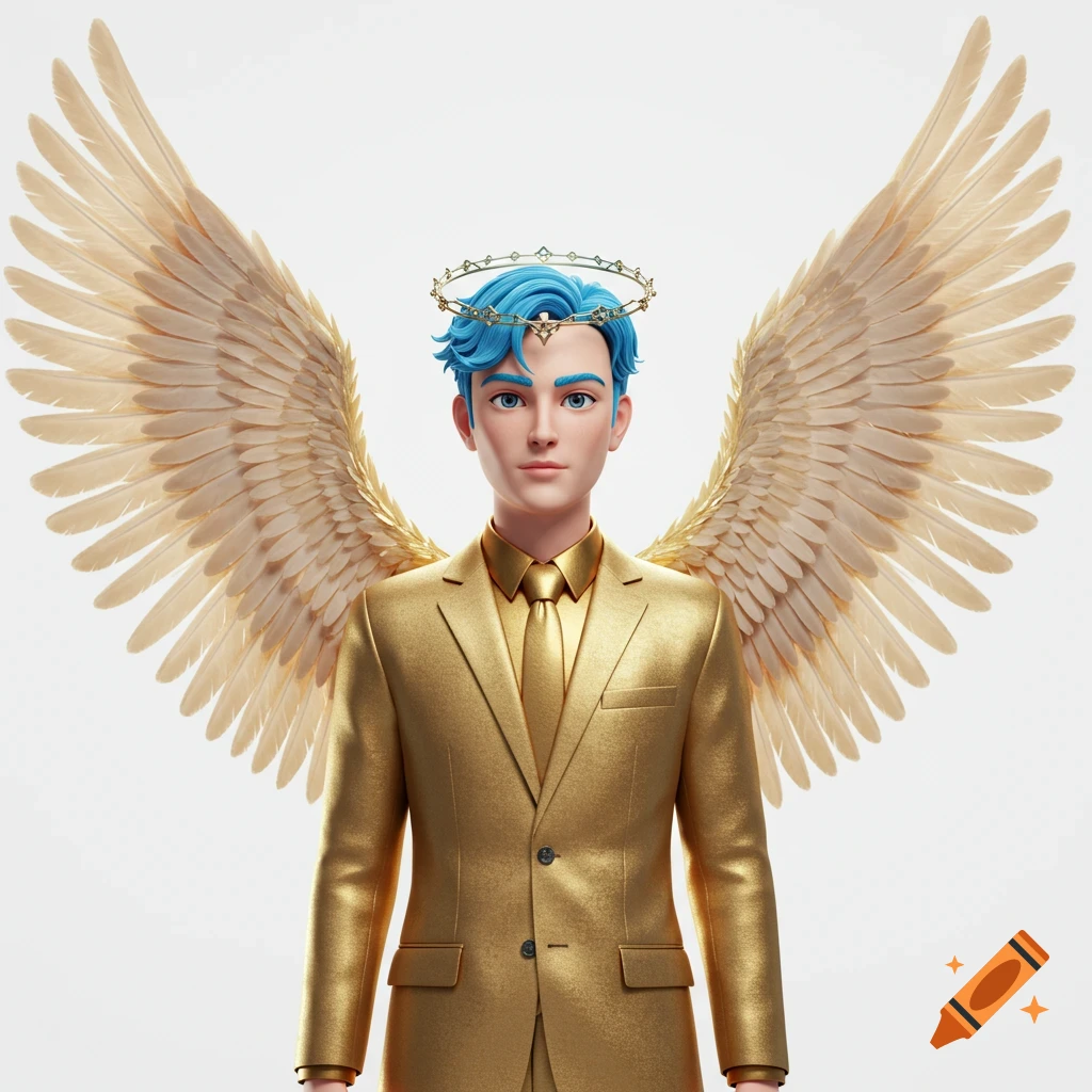 3D cartoon male angel with blue hair, golden suit, golden wings, and a halo on a white background.