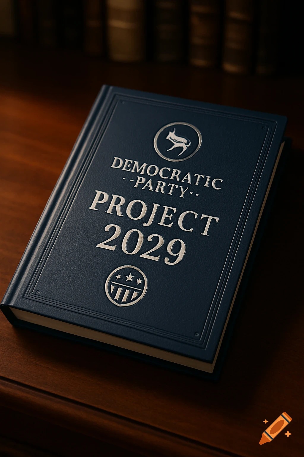 A dark blue book titled 'Democratic Party Project 2029' with a stylized animal logo on the cover, resting on a wooden desk.