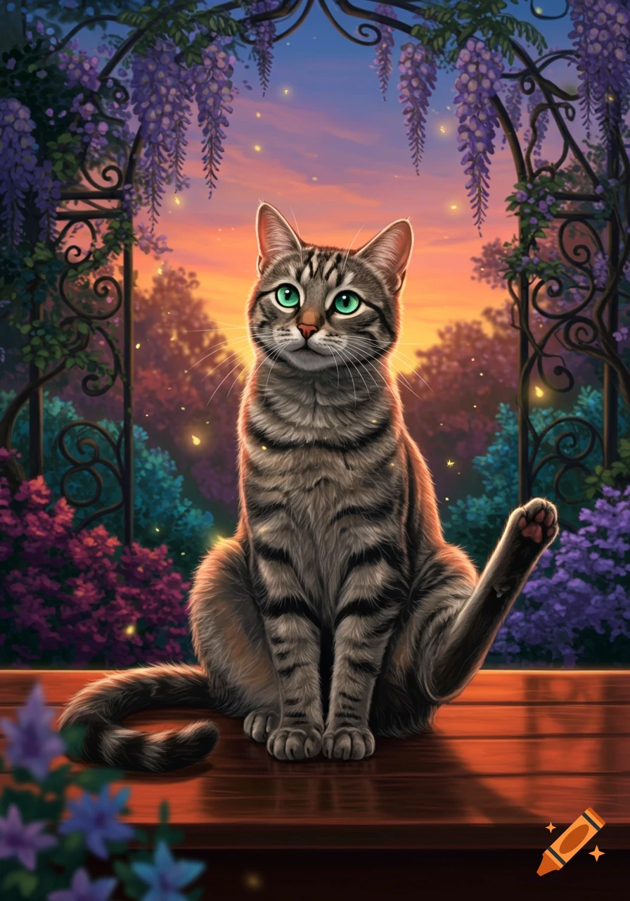 A tabby cat with bright green eyes sits on a wooden deck under a wisteria arbor at sunset, its back leg raised.