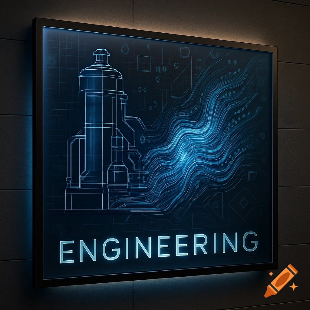 A glowing blue technical sign displaying abstract machinery outlines, flowing lines, and the word 'ENGINEERING' on a dark wall.
