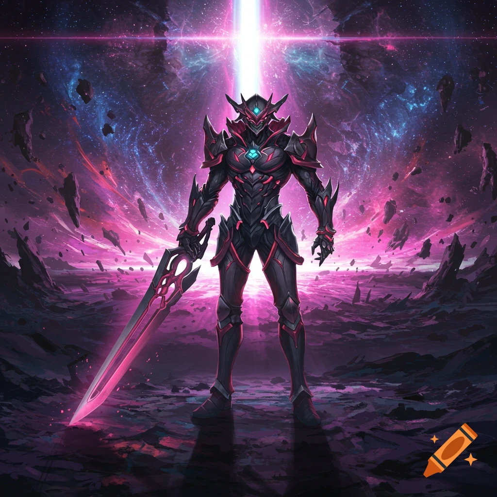A dark armored warrior with a glowing pink sword stands in a cosmic landscape under a bright light beam.