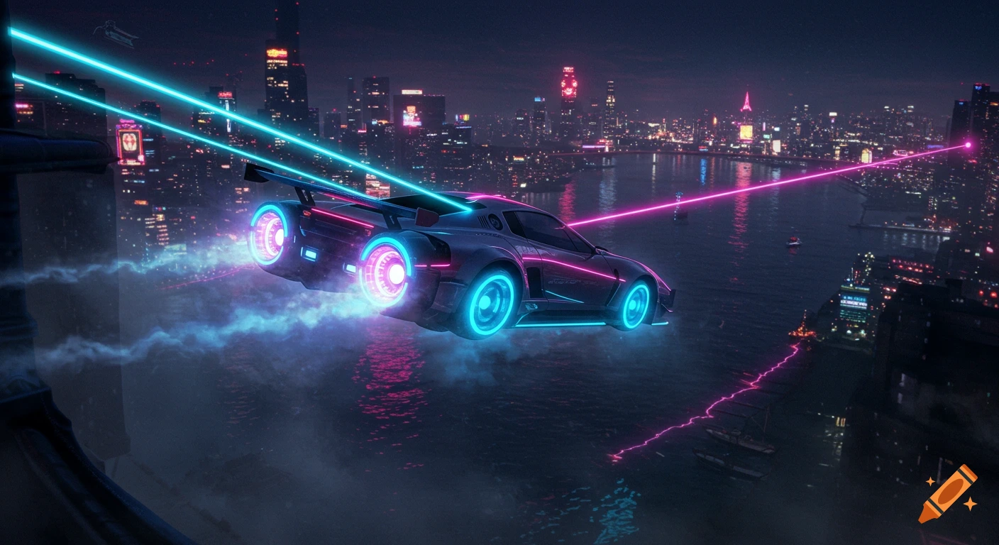 A futuristic flying car with neon lights streaks over a dazzling cyberpunk city at night, reflecting in the water below.