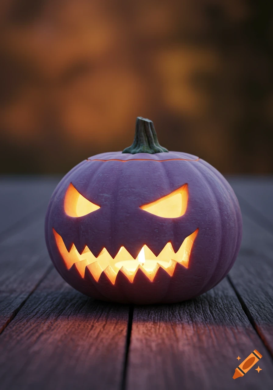 A photorealistic purple jack-o'-lantern with glowing eyes and jagged mouth sits on a dark wooden surface.