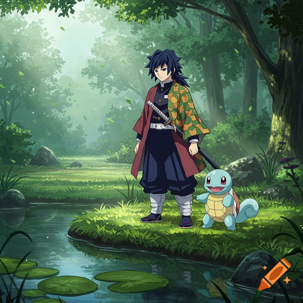 Tomioka Giyu and Squirtle stand by a tranquil stream in a lush green anime forest.