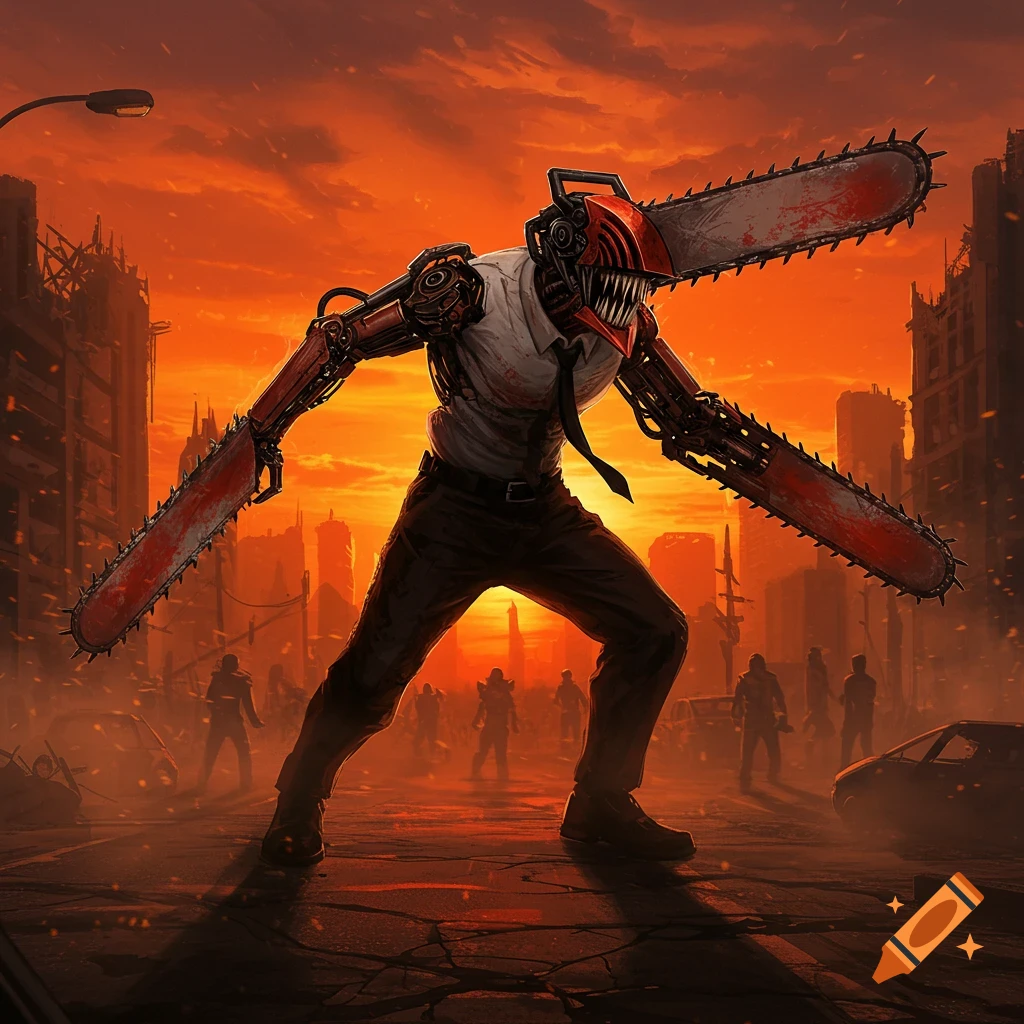 Chainsaw Man stands in a ruined city at sunset, chainsaws for a head and arms, in a dynamic, dark fantasy art style.