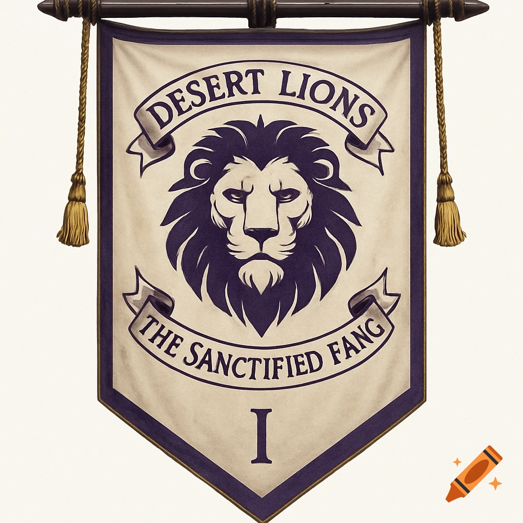 A regal banner with a purple lion's head, reading 'DESERT LIONS' and 'THE SANCTIFIED FANG' on scrolls, and 'I' at the bottom.