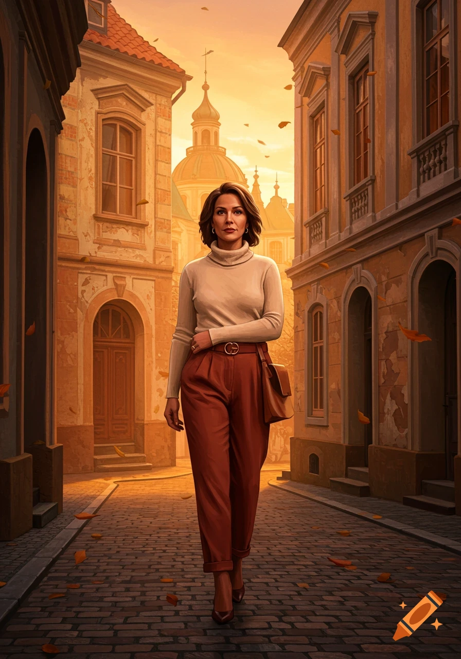 A woman in a cream turtleneck and rust-colored pants walks down a cobblestone street lined with old European buildings, bathed in an orange autumn glow.
