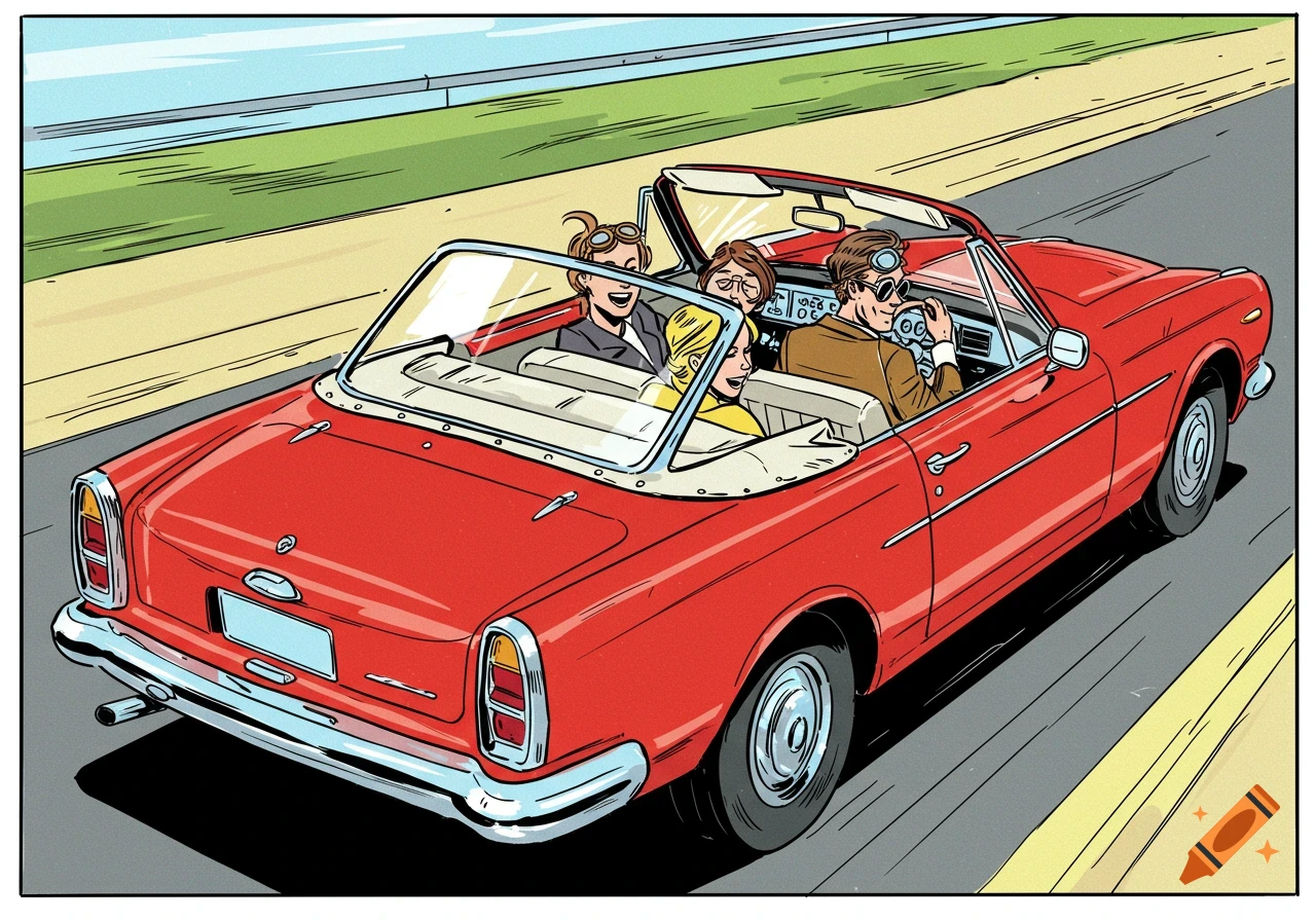 Comic-style illustration of a red convertible car driving on a road with four people, seen from a high rear angle.
