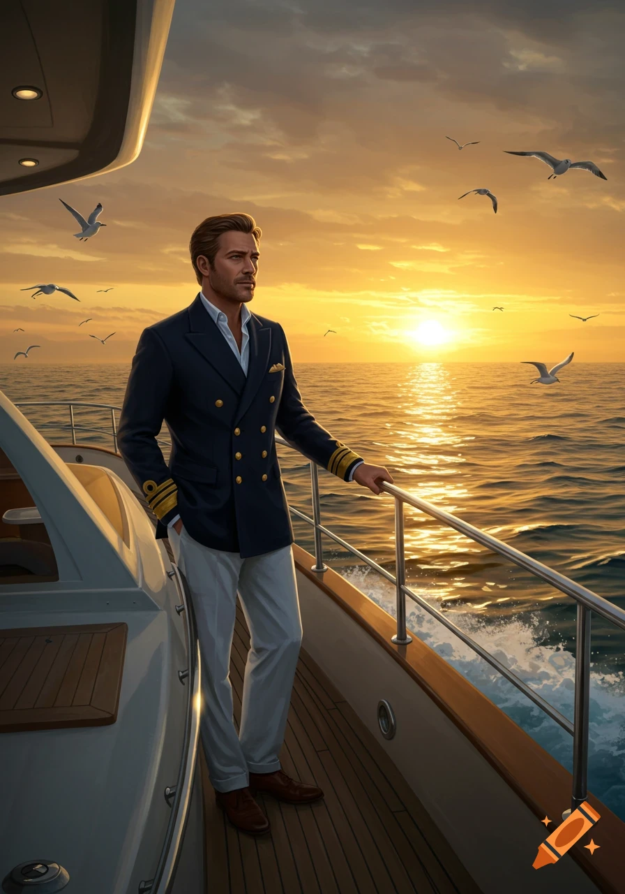 A man in a navy captain's jacket stands on a yacht deck, looking out at a golden sunset over the ocean. Photorealistic style.