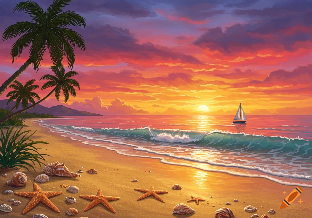 Vibrant, illustrative tropical beach sunset with palm trees, sailboat on the ocean, starfish and seashells on the sand.