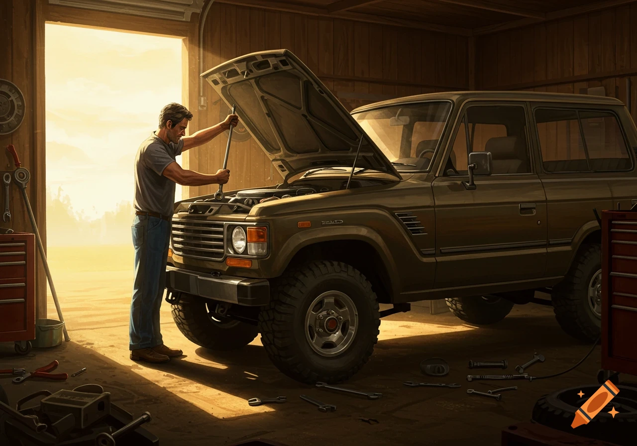 A man works on the engine of a brown Land Cruiser in a sunlit garage, surrounded by tools.