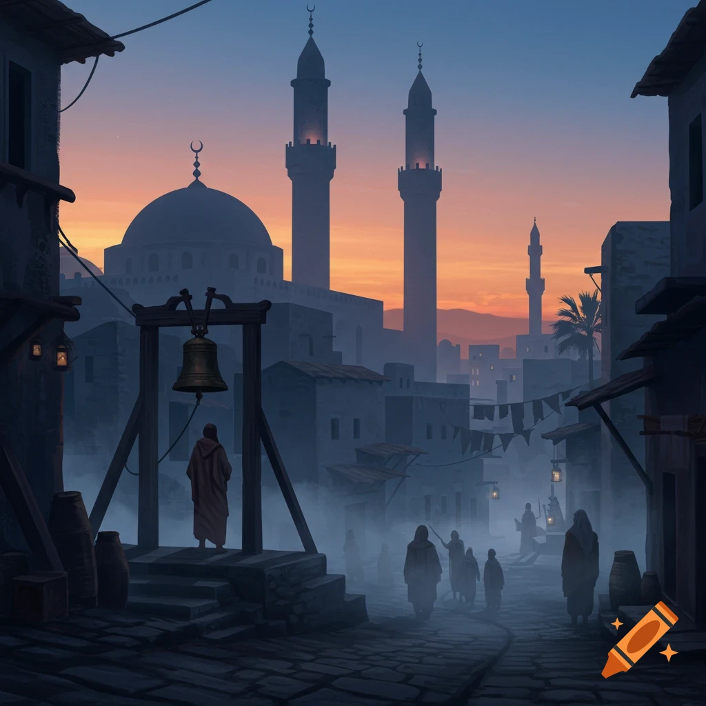 A stylized, atmospheric cityscape at dawn with mosques, minarets, and robed figures on a cobblestone street, one standing by a large bell.