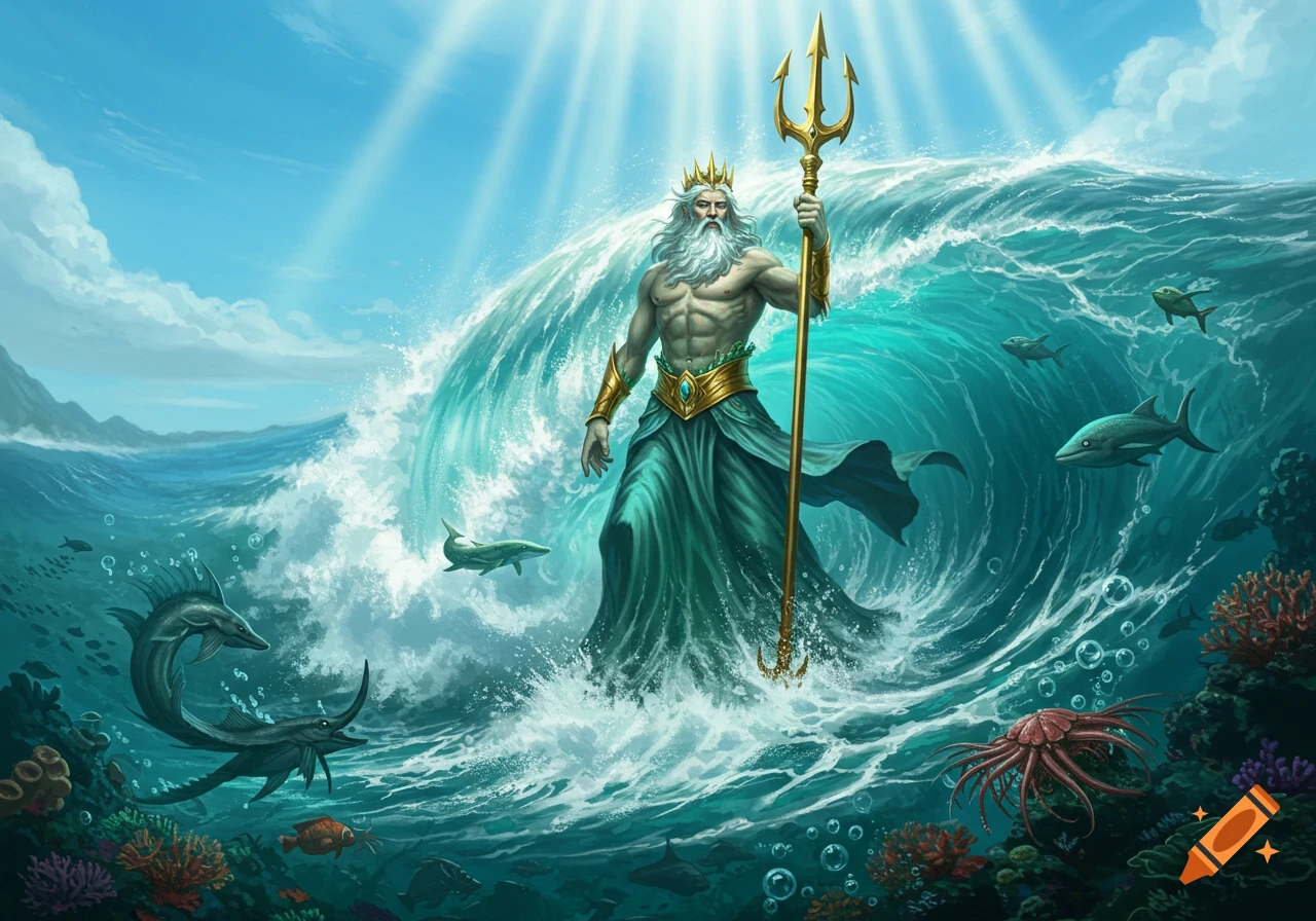 Neptune, king of the seas, stands powerfully in a crashing wave, holding a golden trident, surrounded by diverse sea creatures.