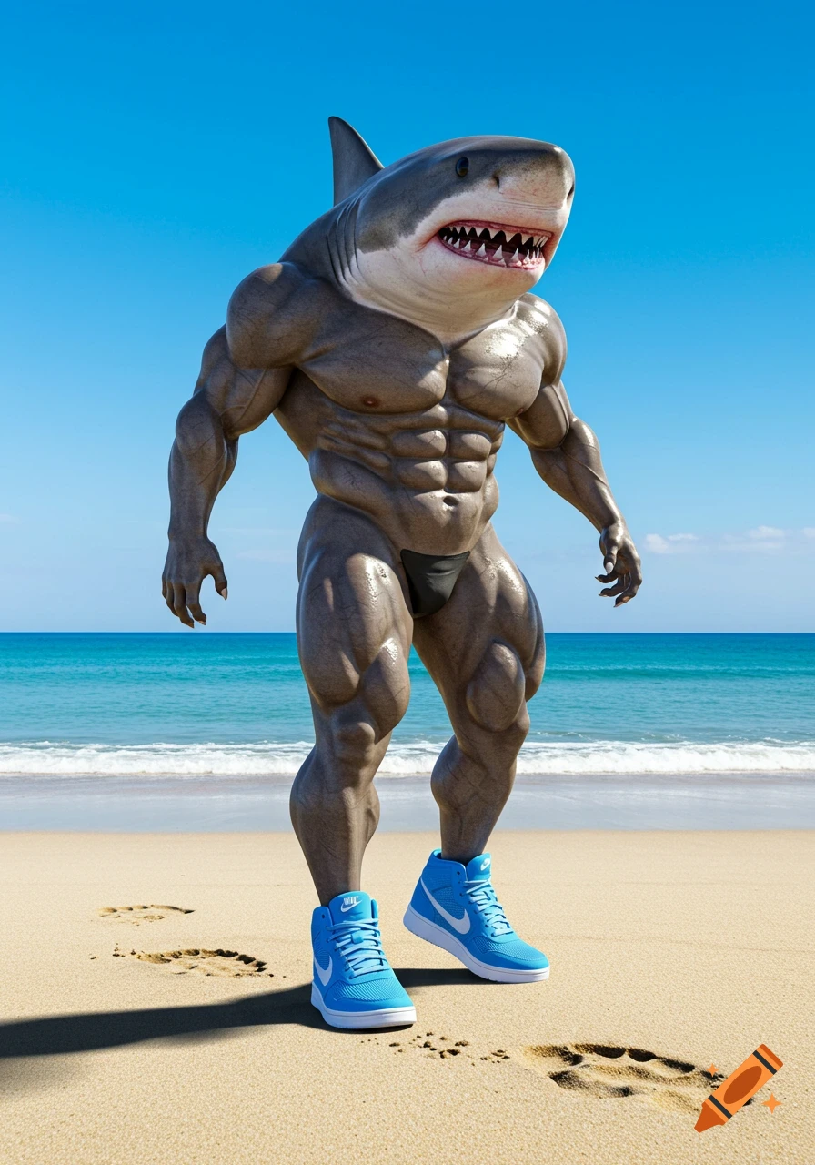 Photorealistic muscular anthropomorphic shark wearing blue Nike sneakers and a speedo, walking on a sandy beach with ocean waves in the background.