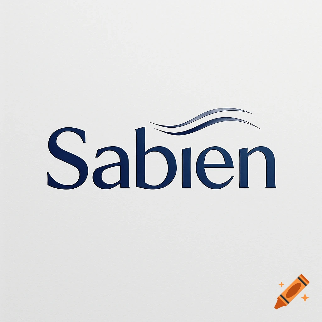A dark blue logo for 'Sabien' in a stylized font, with two wavy lines above the text, on a textured white background.
