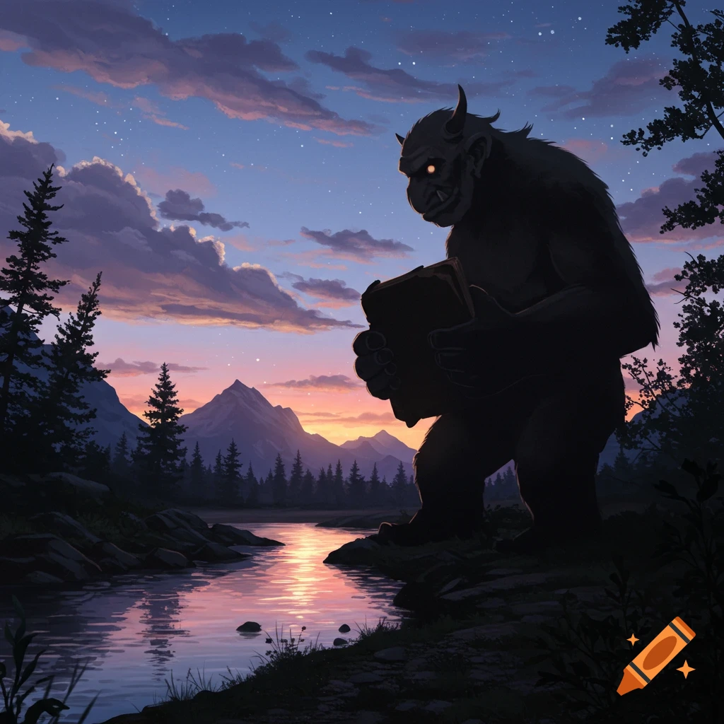 A large, shadowy troll with horns holds a book by a river, silhouetted against a vibrant sunset sky over mountains and pine trees.
