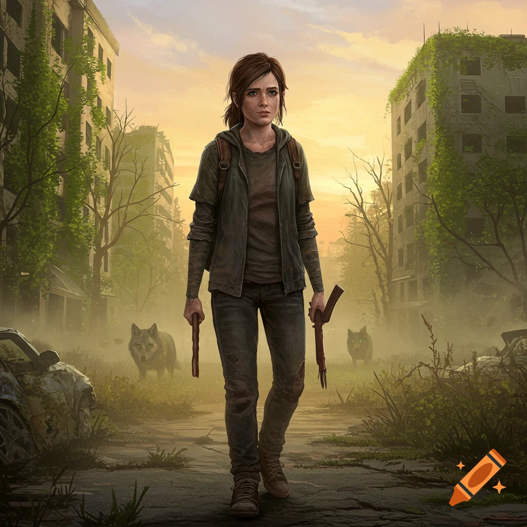 Digital art of a young woman (Ellie) with makeshift weapons walking through a ruined, overgrown city with two wolves in the background.