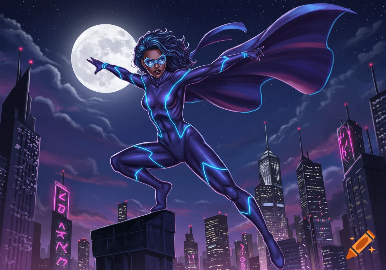 Female superhero in a glowing violet and blue suit and cape stands on a city rooftop at night with a full moon.
