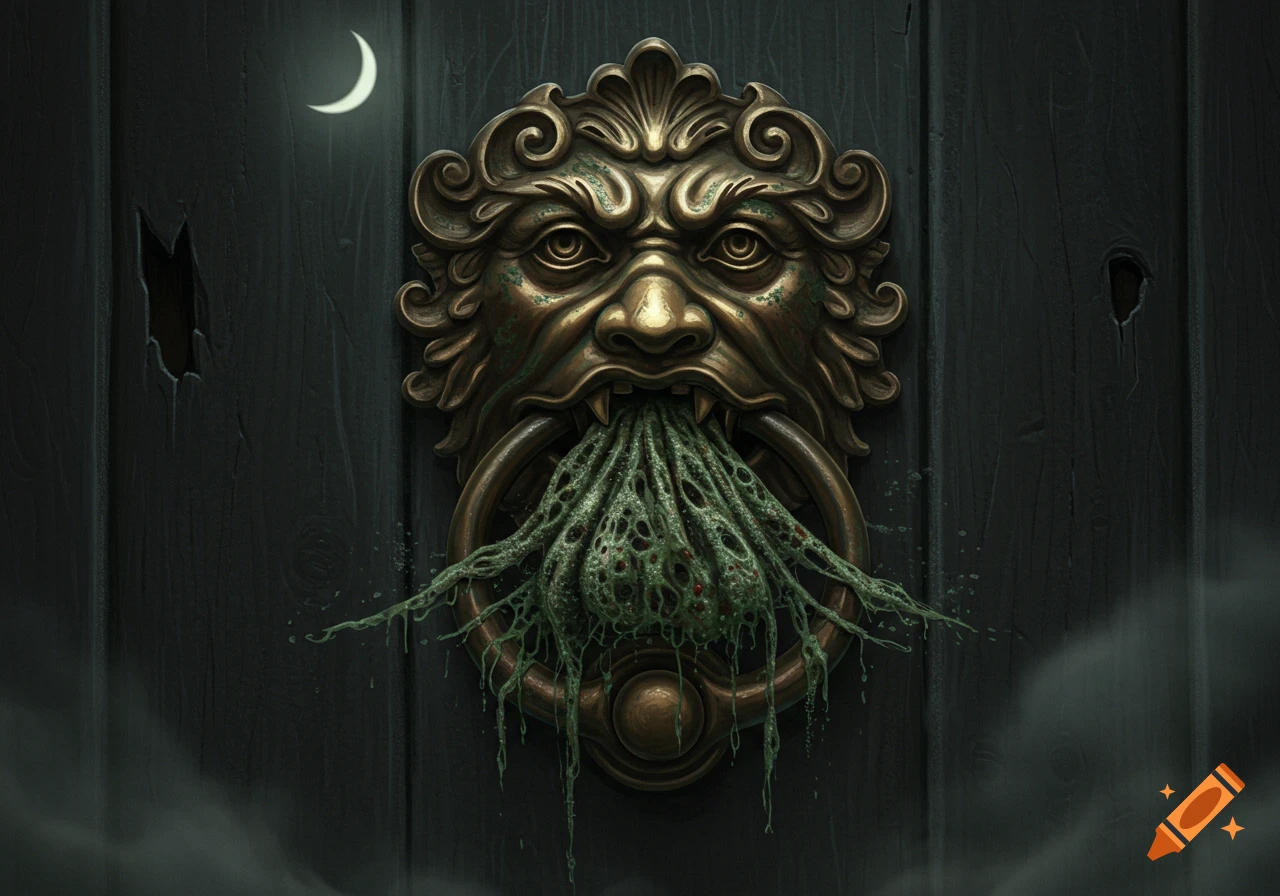 A gothic brass door knocker with a snarling face spewing green, moldy tendrils on a dark wooden door under a crescent moon.
