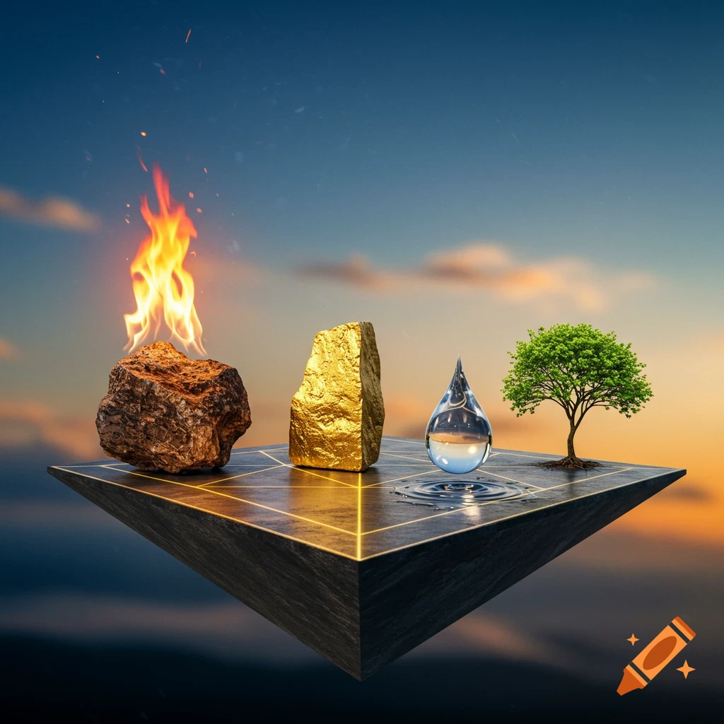 A surreal scene with fire on a rock, gold, a water droplet, and a small tree on a floating geometric platform against a blue and orange sky.