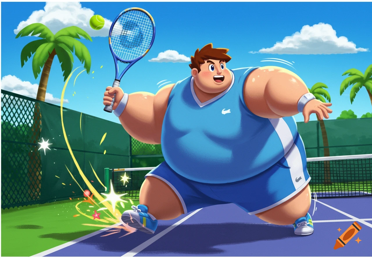 A cartoonishly fat man in a blue sports outfit plays tennis on a court with palm trees under a sunny sky.