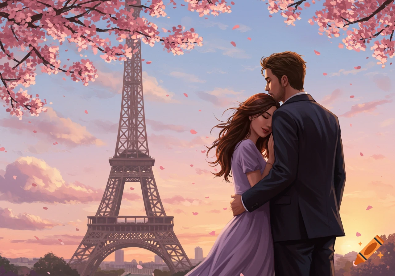 Illustrated romantic scene of a couple embracing at sunset in front of the Eiffel Tower, framed by pink cherry blossoms.