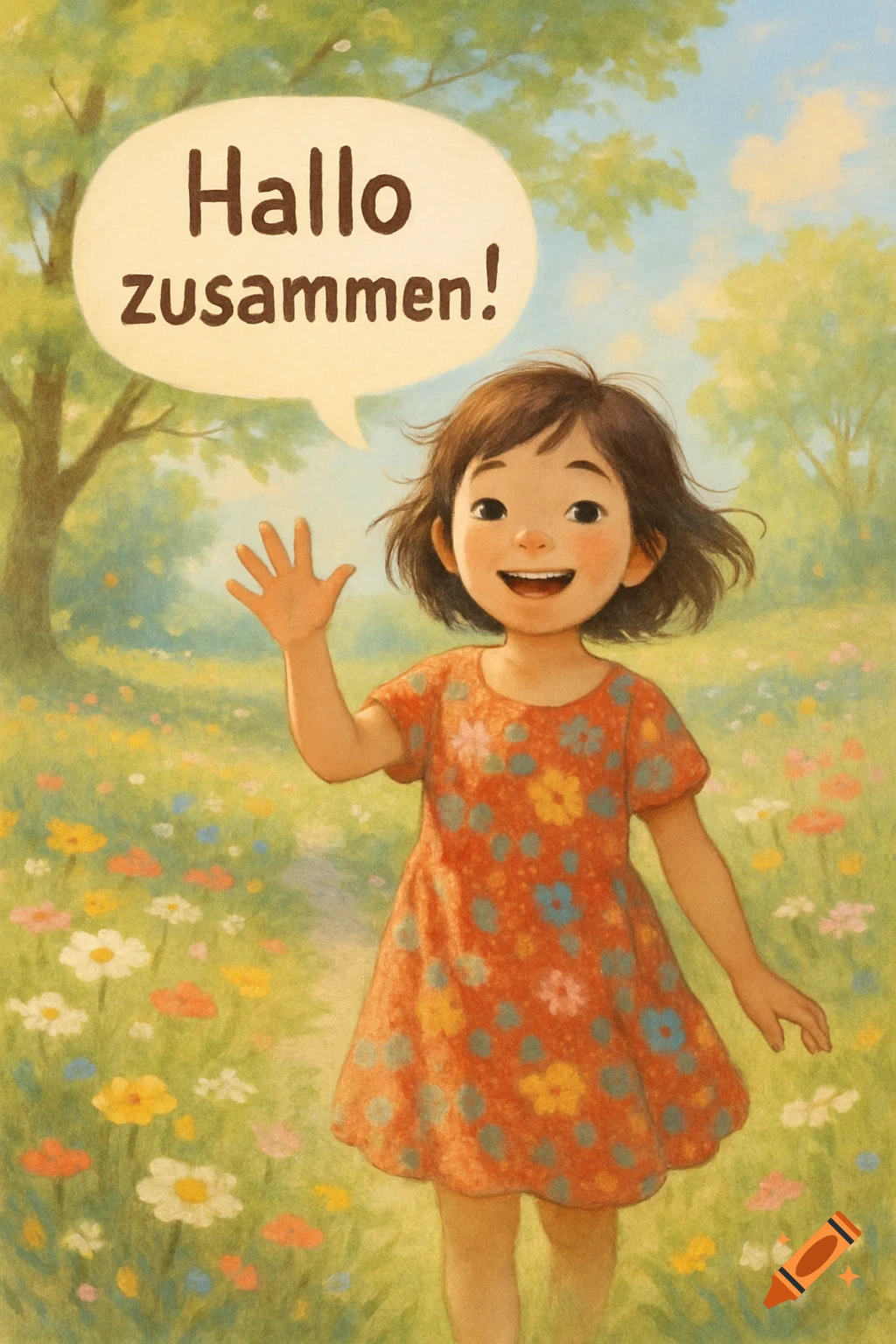 A smiling girl waves in a field of colorful flowers with 'Hallo zusammen!' in a speech bubble, illustration style.