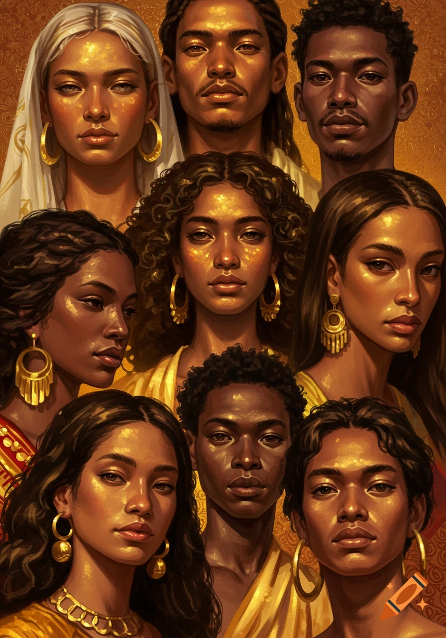 A digital painting collage of diverse men and women with shimmering golden skin and elaborate gold jewelry.