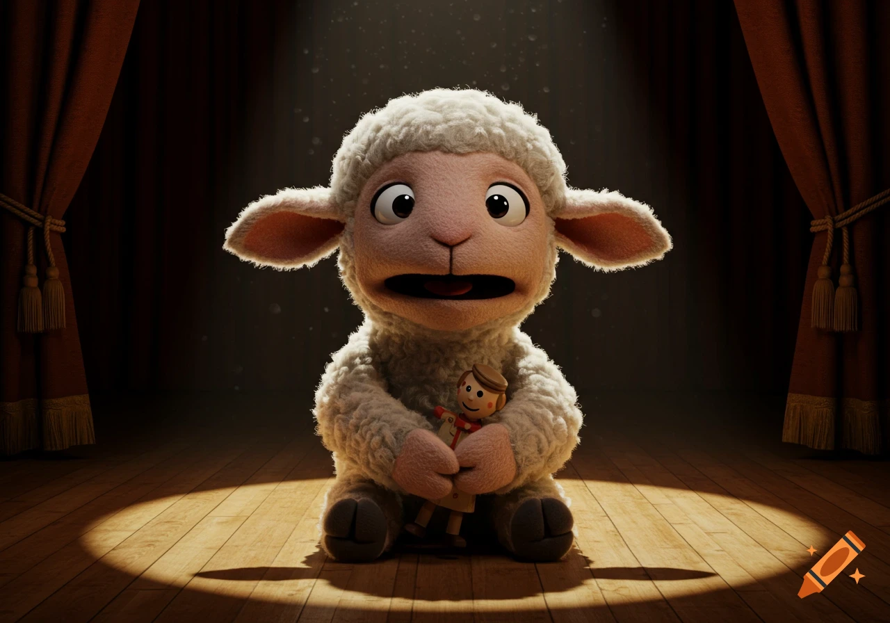 A fluffy lamb puppet with wide eyes holding a small wooden doll sits on a spotlighted wooden stage with red curtains.