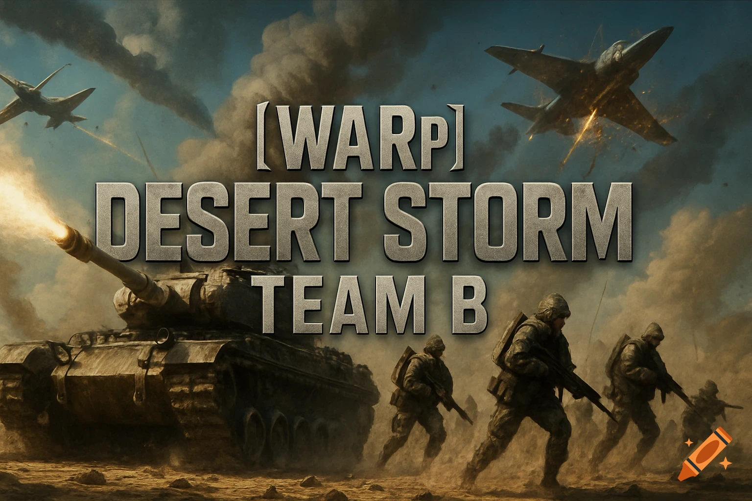 A military tank fires its cannon in a desert battle scene with soldiers running and fighter jets flying overhead. Text reads "WARP DESERT STORM TEAM B".
