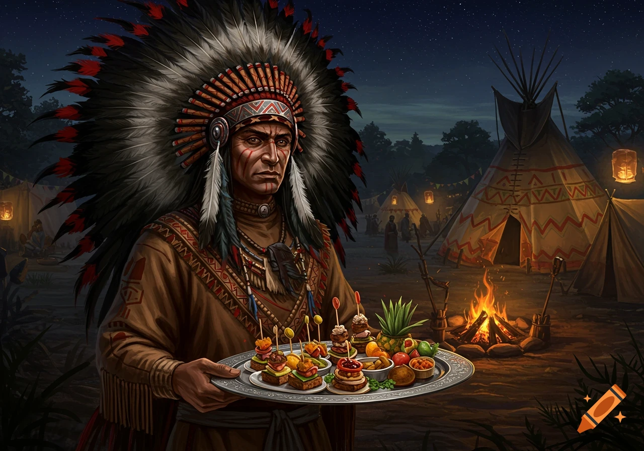 Digital painting of a man in a feathered headdress holding a tray of appetizers in a tipi camp at night.