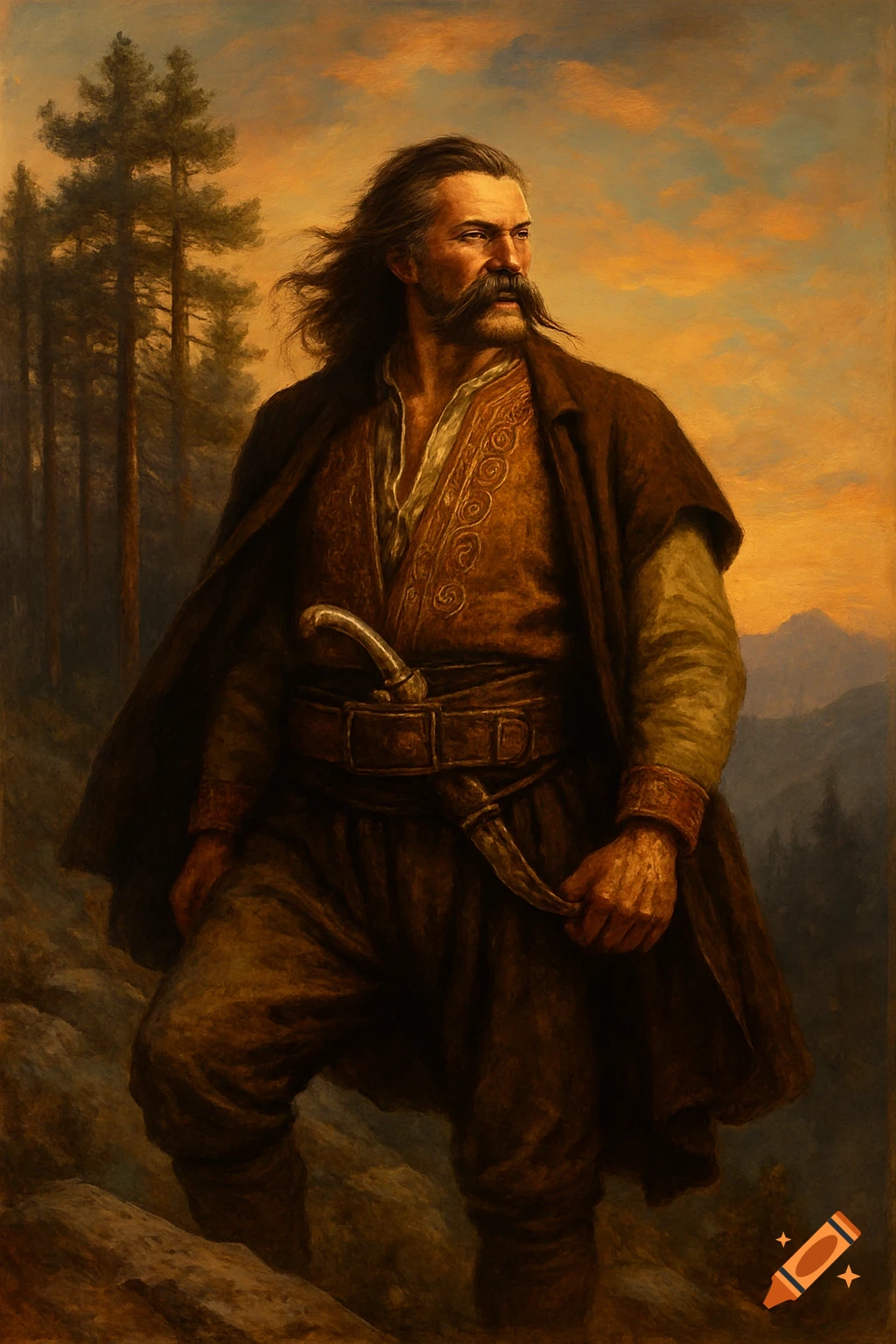 Oil painting of a man with a mustache and long hair in historical attire, with daggers, against a mountain and sunset sky.
