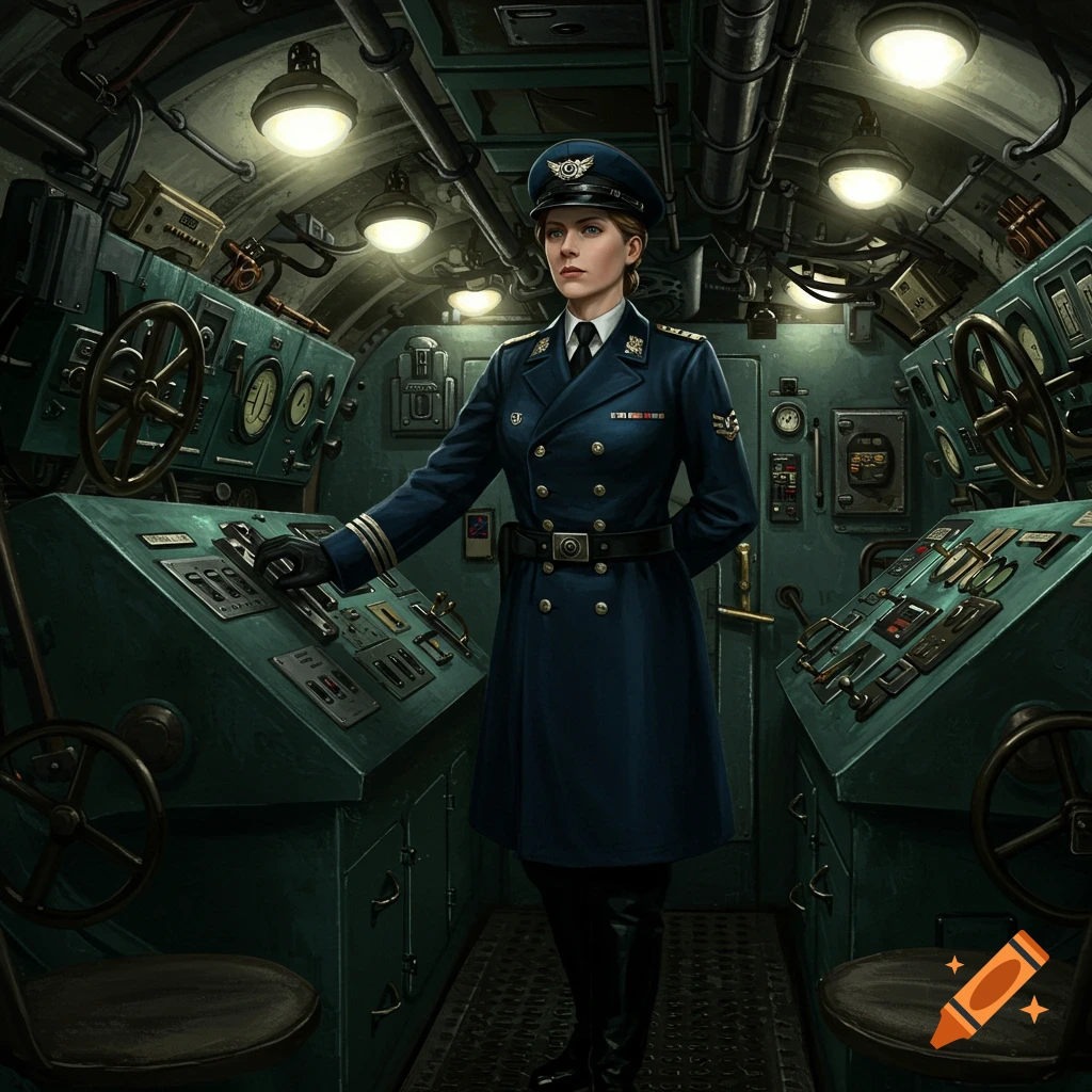 A female submarine officer in a dark blue uniform stands in a dimly lit submarine control room.