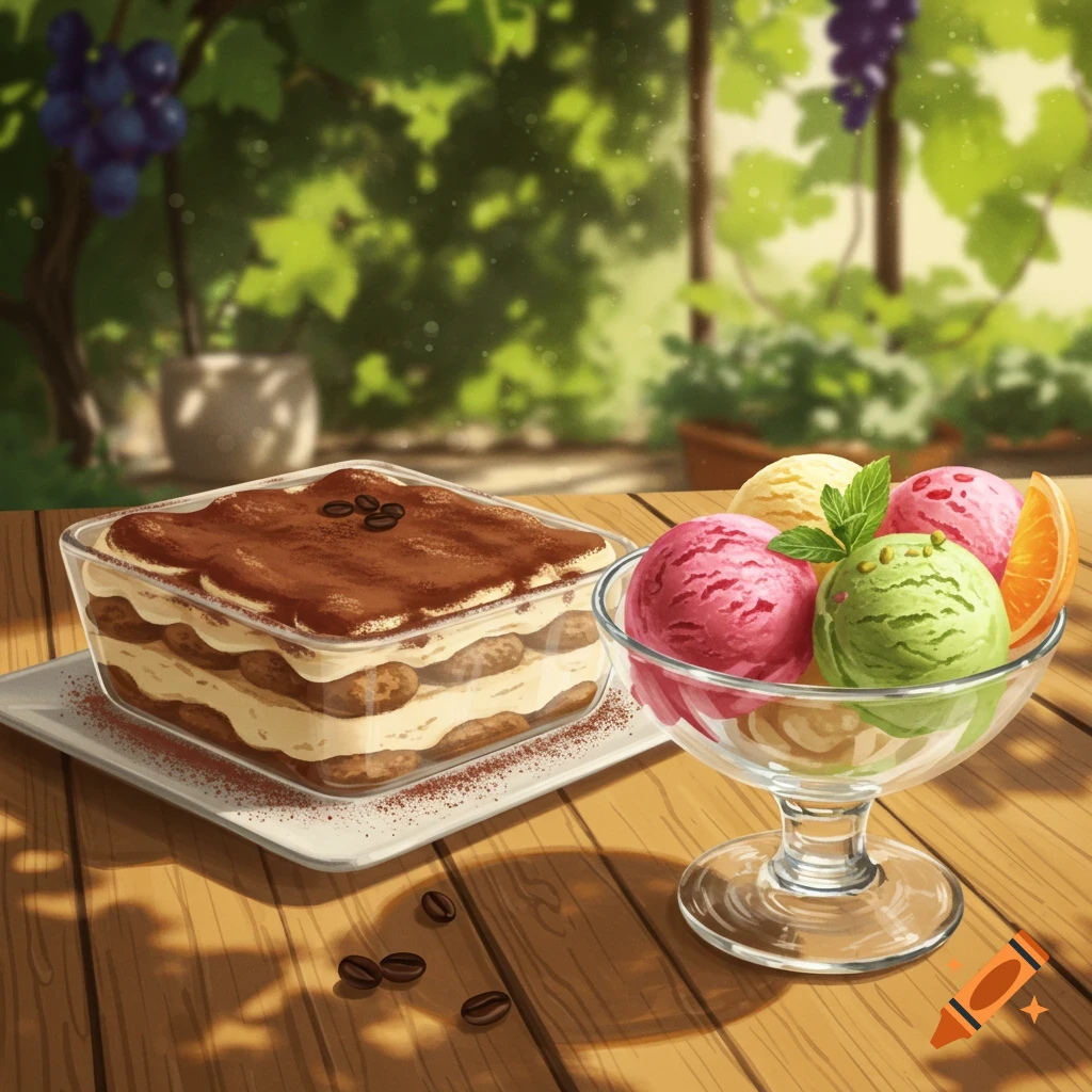 Illustrated tiramisu and a bowl of colorful ice cream on a wooden table outdoors with green foliage.