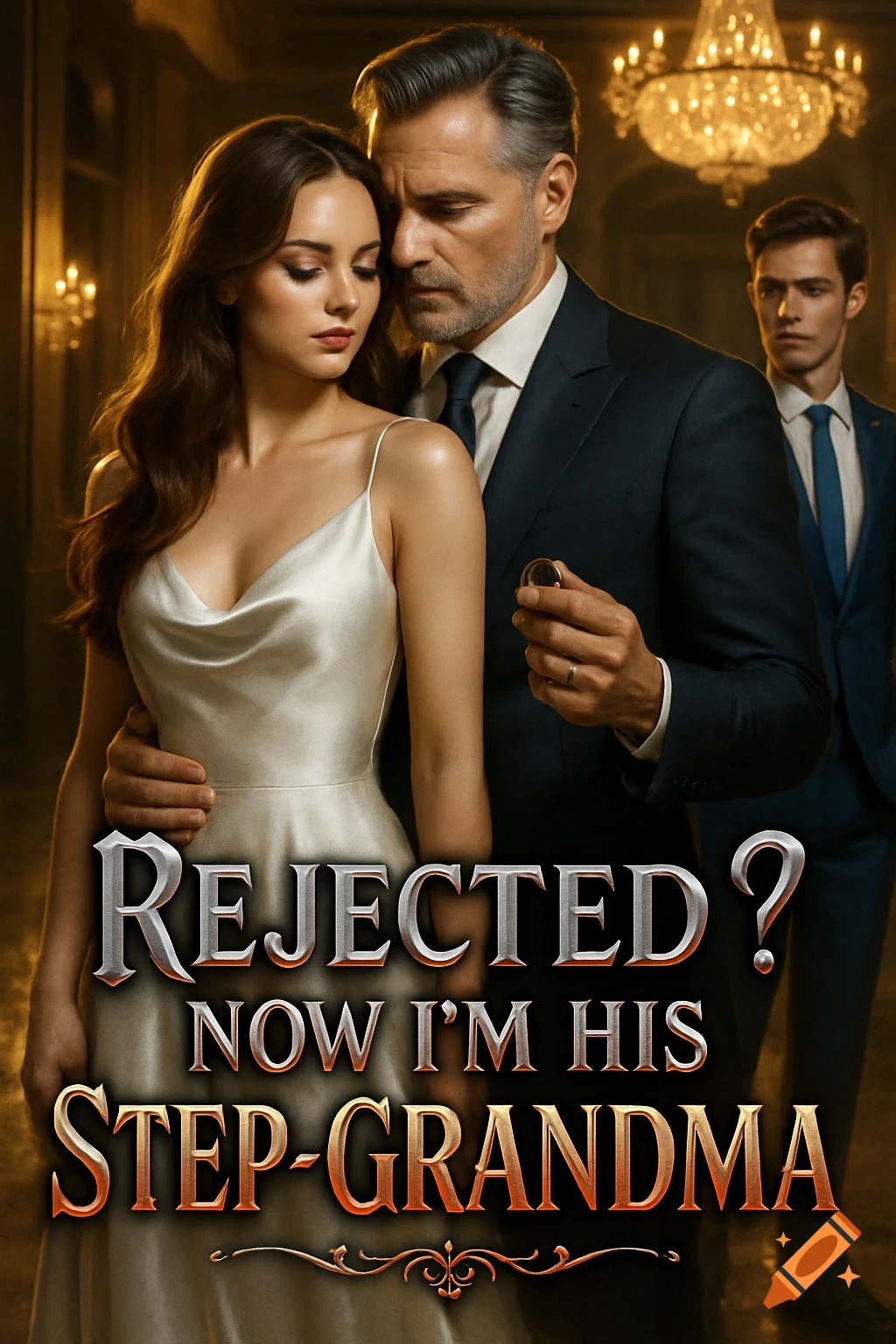 A photorealistic book cover showing a young woman in a white gown and an older man in a suit embracing, with a younger man in the background. Text: 'REJECTED? NOW I'M HIS STEP-GRANDMA'.